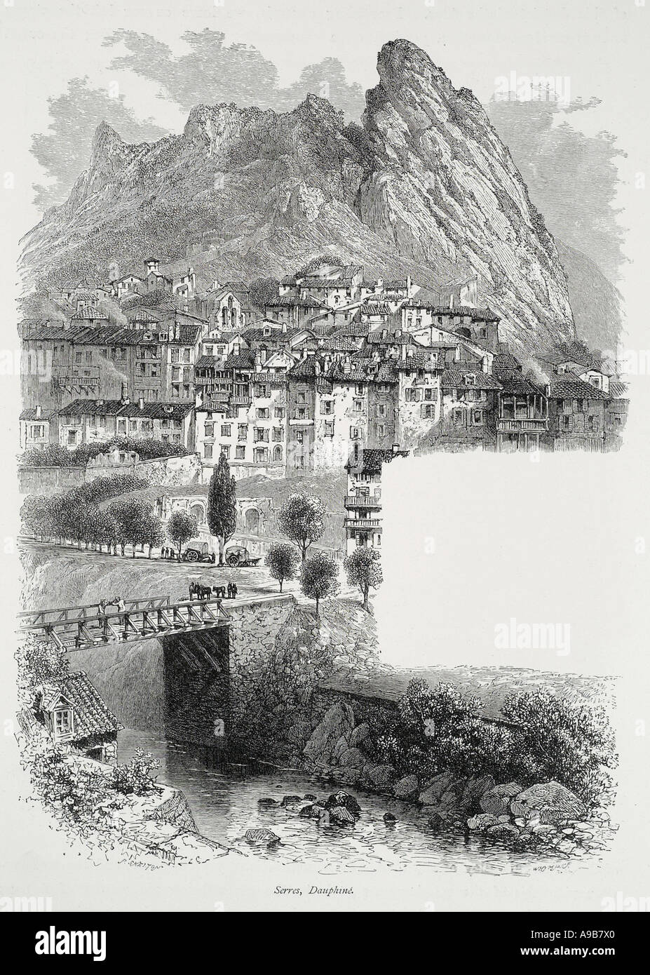 Serres Auvergne Dauphine France provence river buech Français Europe house village habitation bridge road crag mountain valley town Banque D'Images