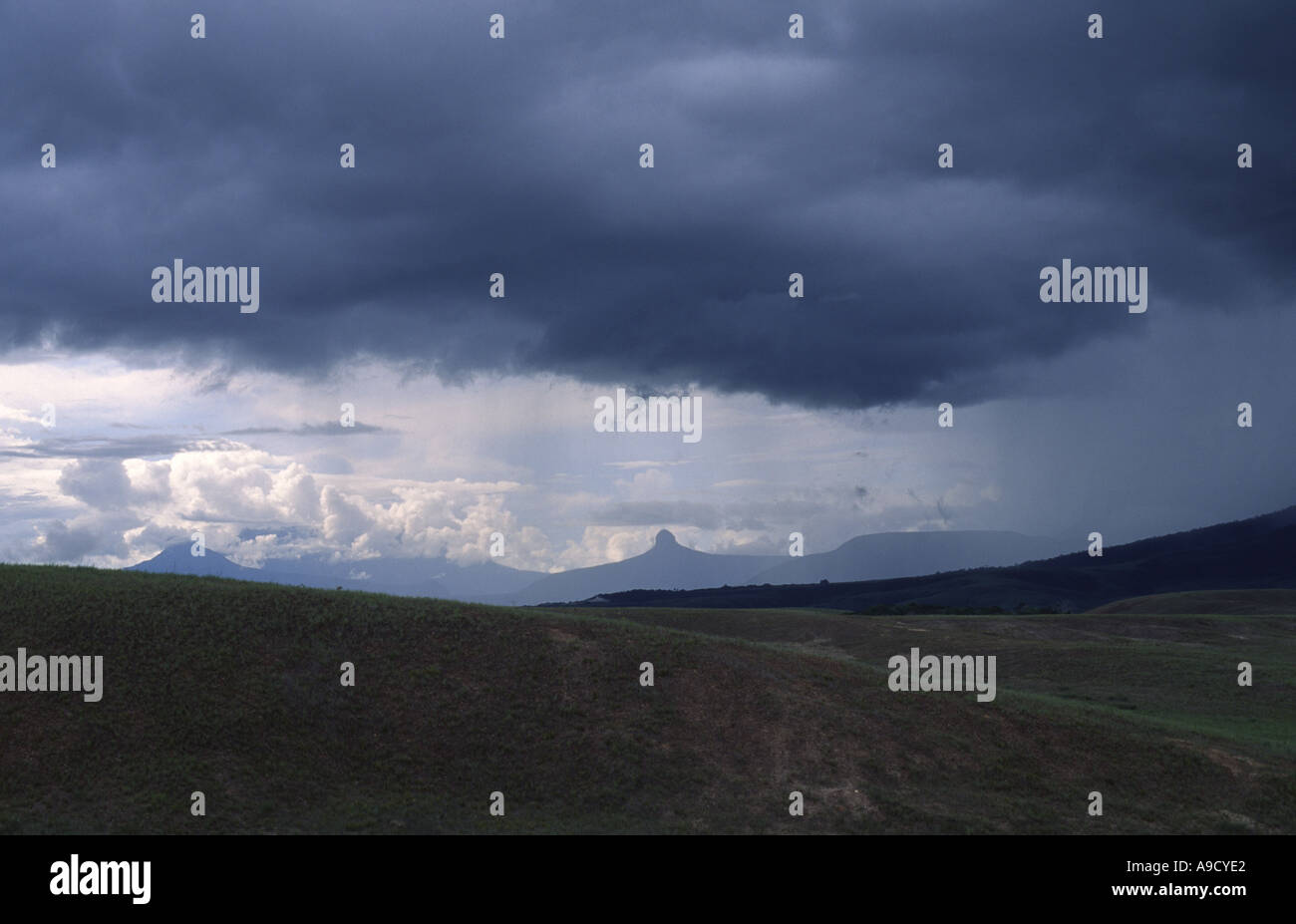 Le pouce comme tour de Wadaka Piopo Tepui visible à travers la tempête La Gran Sabana au Venezuela Banque D'Images