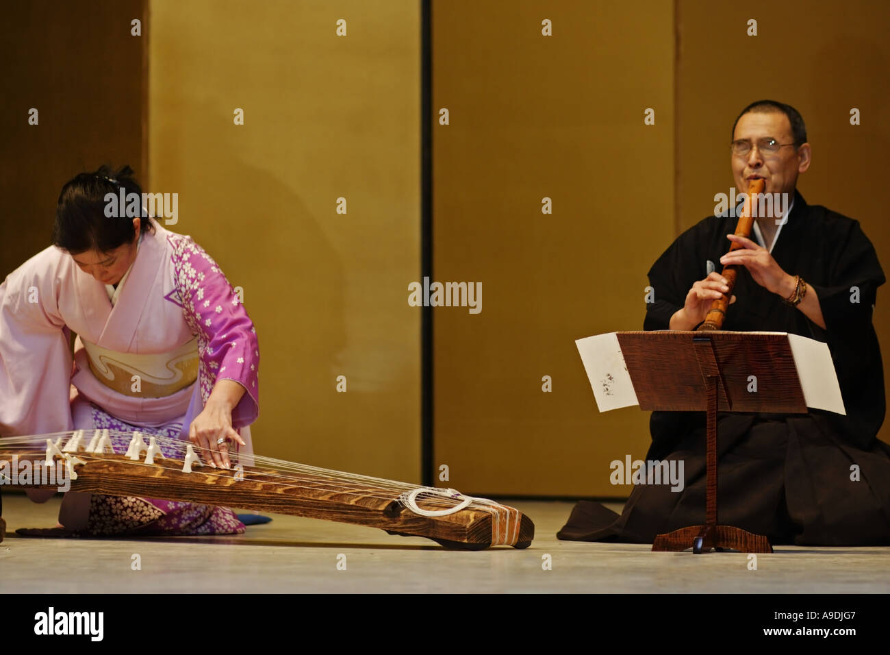 La lecture d'une femme japonaise koto (harpe japonaise) et d'un homme jouant de la flûte Banque D'Images