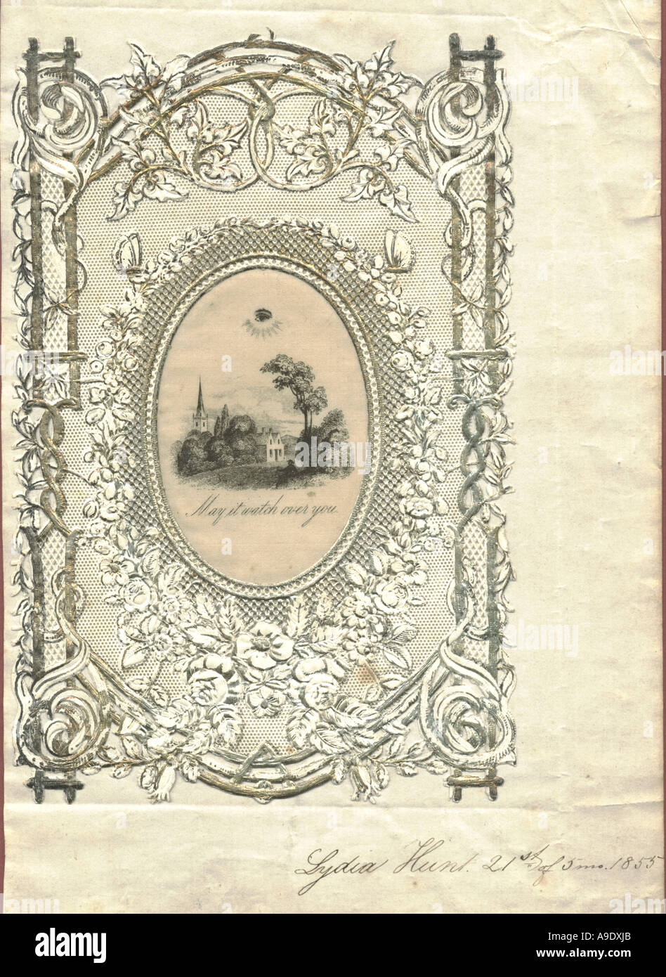 Dentelle de papier gaufré die cut carte de souhaits en date du 1855 dont Mme inscription Banque D'Images