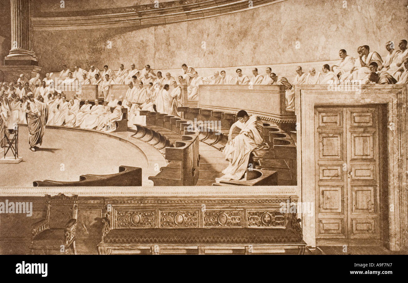 Cicéron et Catilina au Sénat romain. D'après la fresque de 1888 par Cesare Maccari, 1840 à 1919, à Palazzo Madama, Rome. Banque D'Images