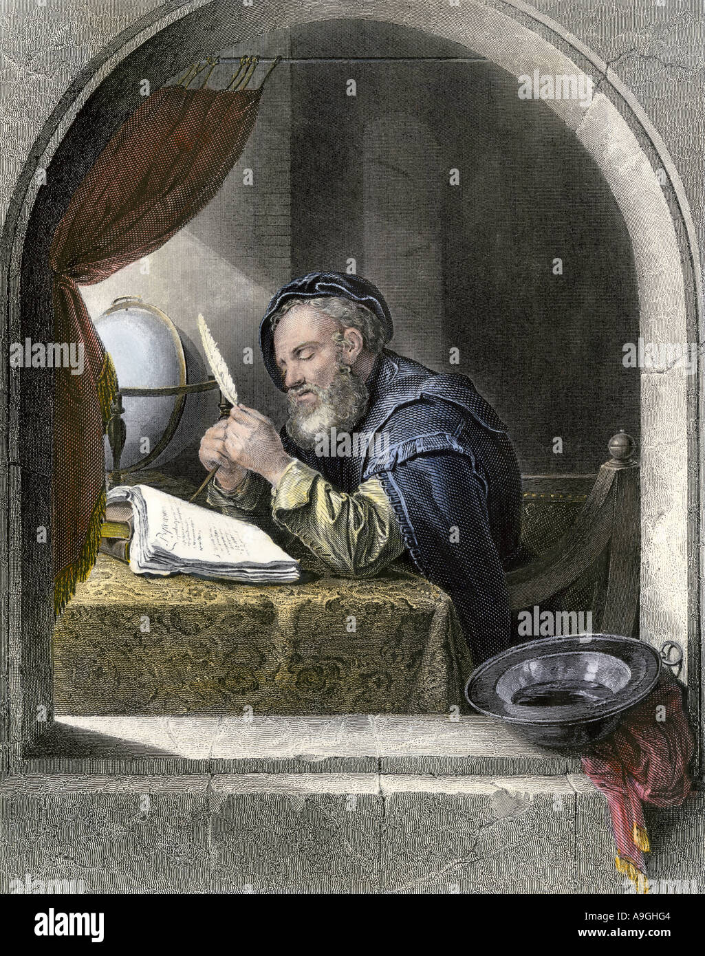 Maître d'écriture à l'aide d'une plume. La gravure à la main, Banque D'Images