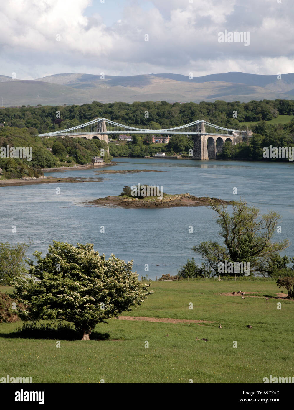 Menai Bridge, Anglesey, au nord du Pays de Galles, Royaume-Uni, Europe, traversée par le détroit Menaii Banque D'Images