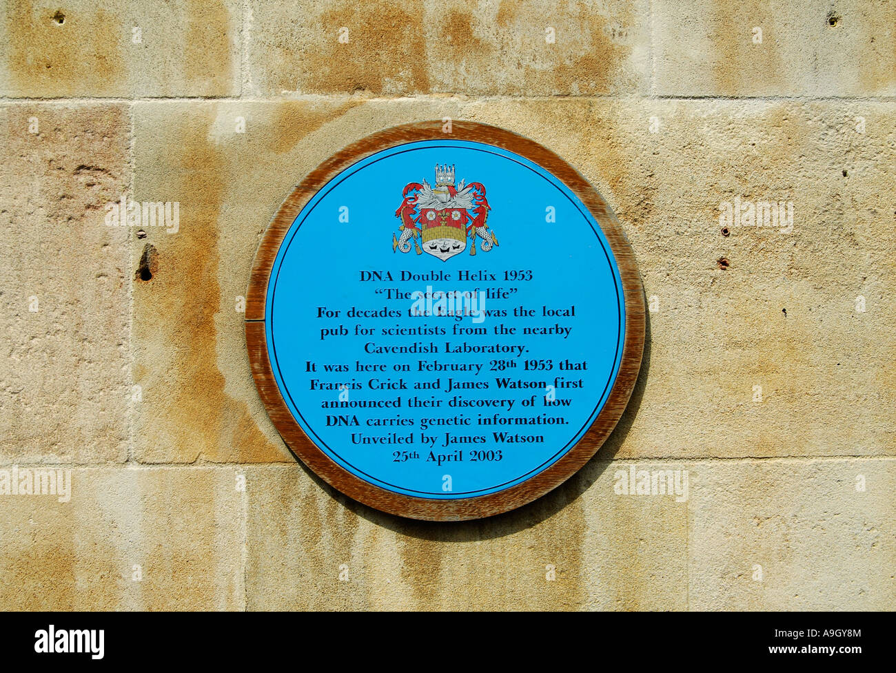 Blue plaque marquant la pub à Cambridge où Watson et Crick ont annoncé leur découverte de la façon dont l'ADN porte l'information Banque D'Images