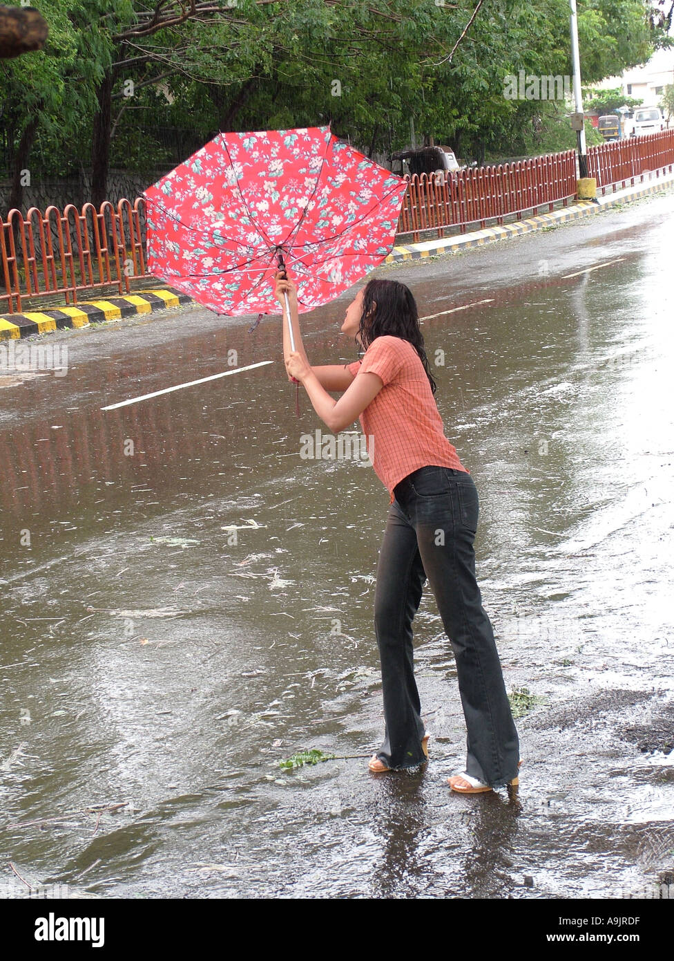 Parapluie soufflant du vent de la femme en mousson - MR#570 Photo Stock -  Alamy