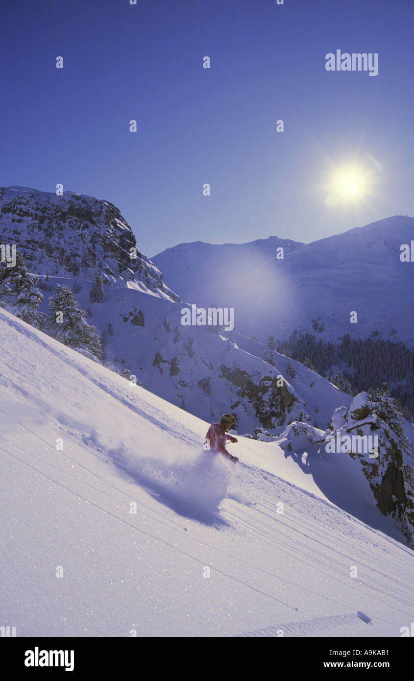 Un skieur solitaire skis poudreuse parfaite dans la station de ski de Courchevel 1650 (Moriond), Trois Vallées, Savoie, France. Banque D'Images