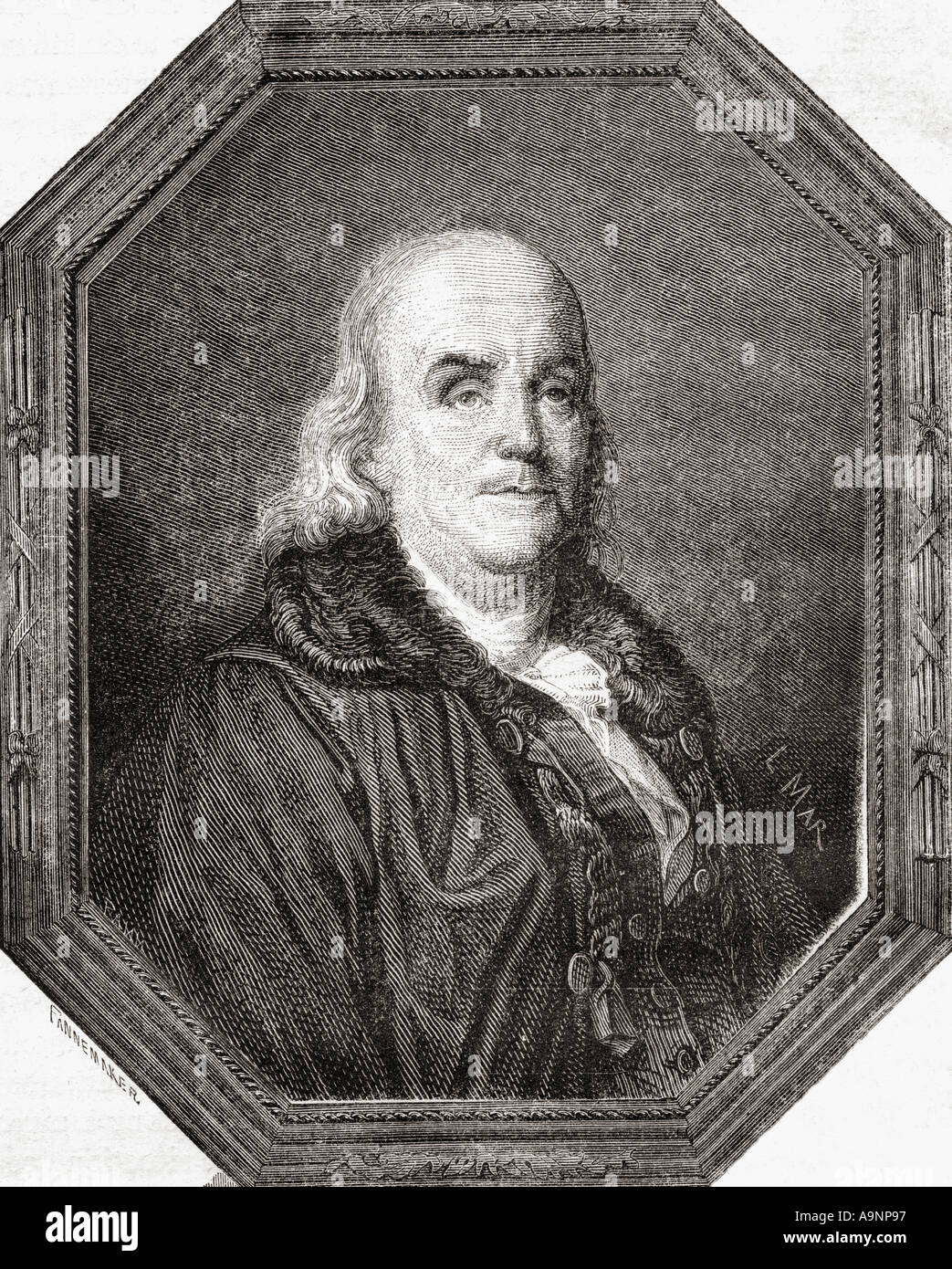 Benjamin Franklin, 1706 - 1790. Polymathe américain et l'un des pères fondateurs des États-Unis. Banque D'Images