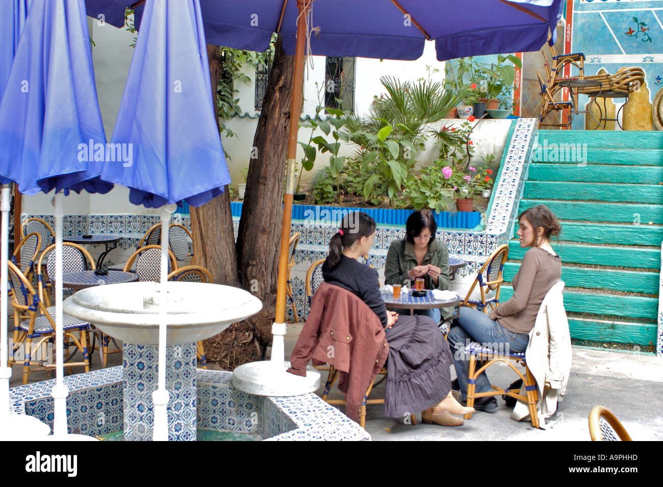 PARIS FRANCE, jeunes femmes adultes, partage du thé en terrasse au Café Maure, Mosquée de Paris, salon de thé arabe, tables parasols Banque D'Images