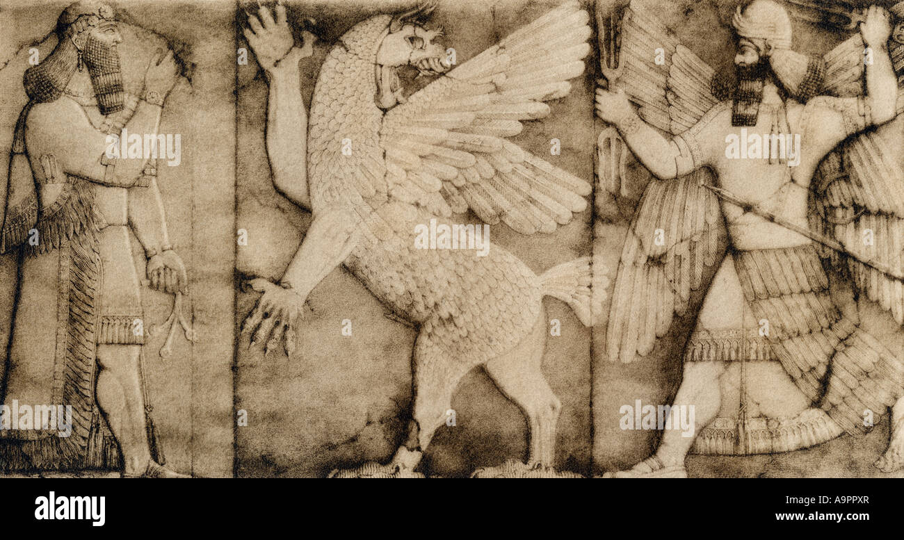 Lion ailé de bas-relief à l'entrée d'un temple assyrien. Photogravure Banque D'Images