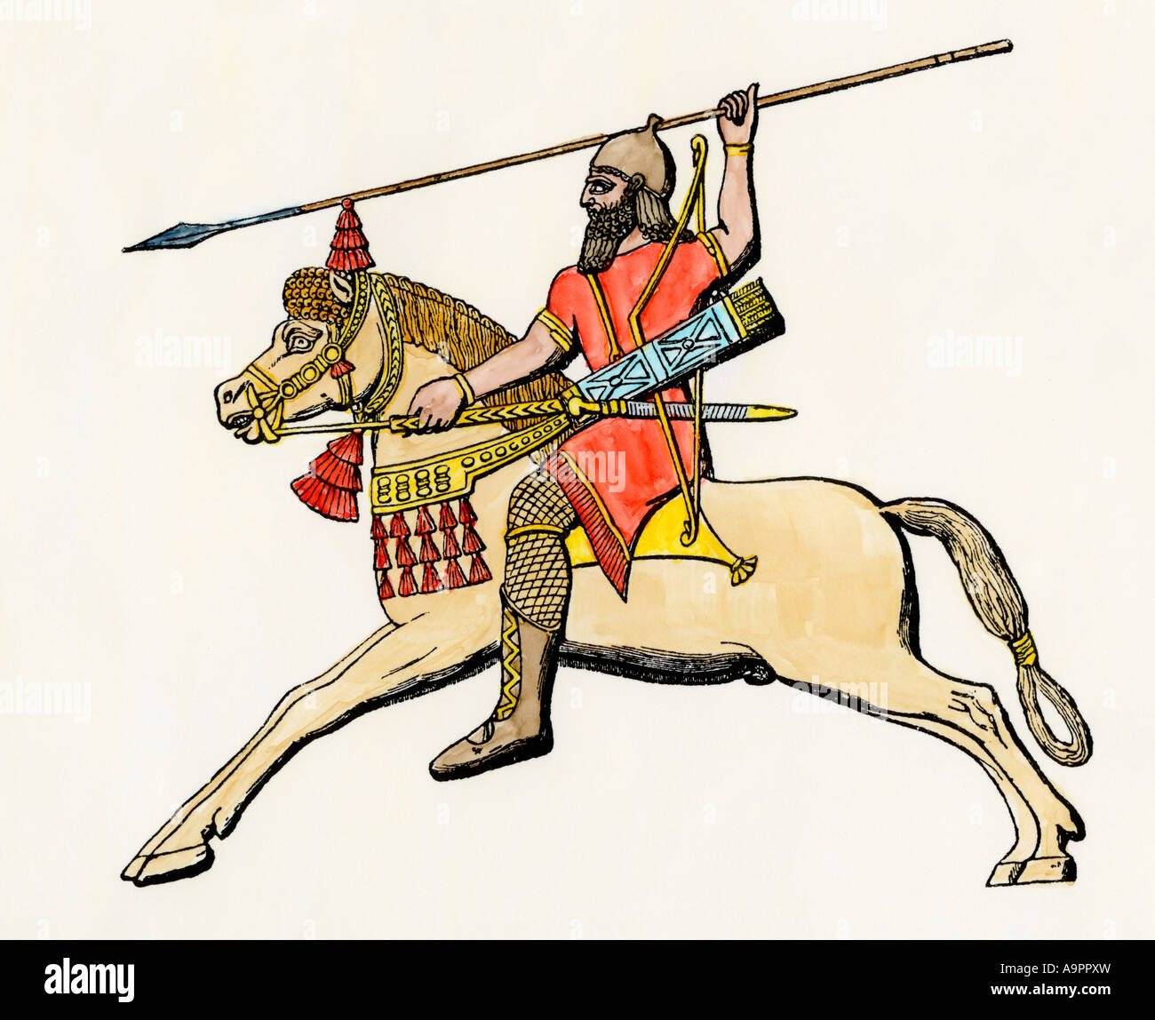 Guerrier babylonienne à cheval. À la main, gravure sur bois Banque D'Images