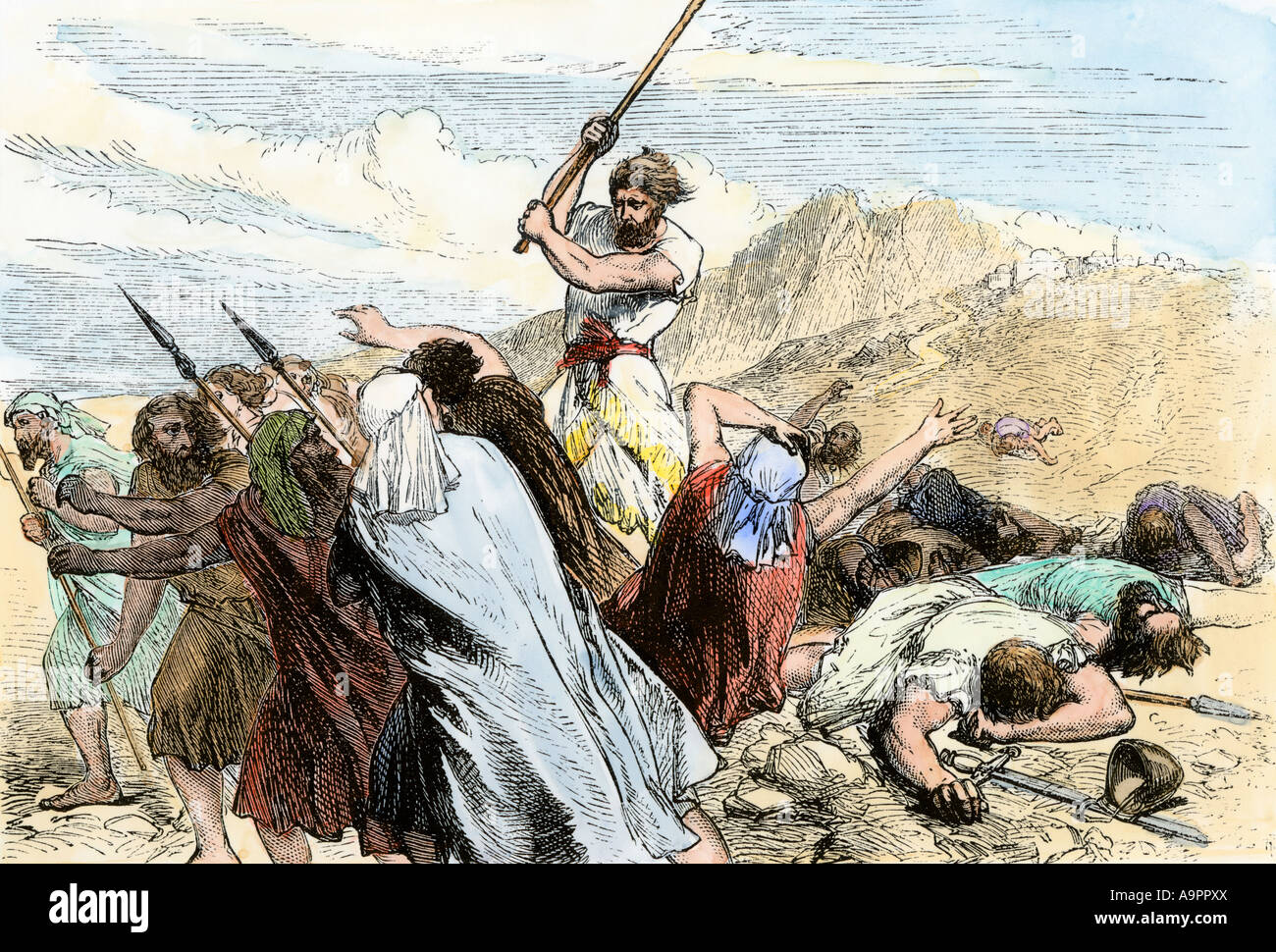 Guerriers hébreu terrassant Philistins dans la capture de l'ancienne ville de Jéricho vers 1400 av. À la main, gravure sur bois Banque D'Images