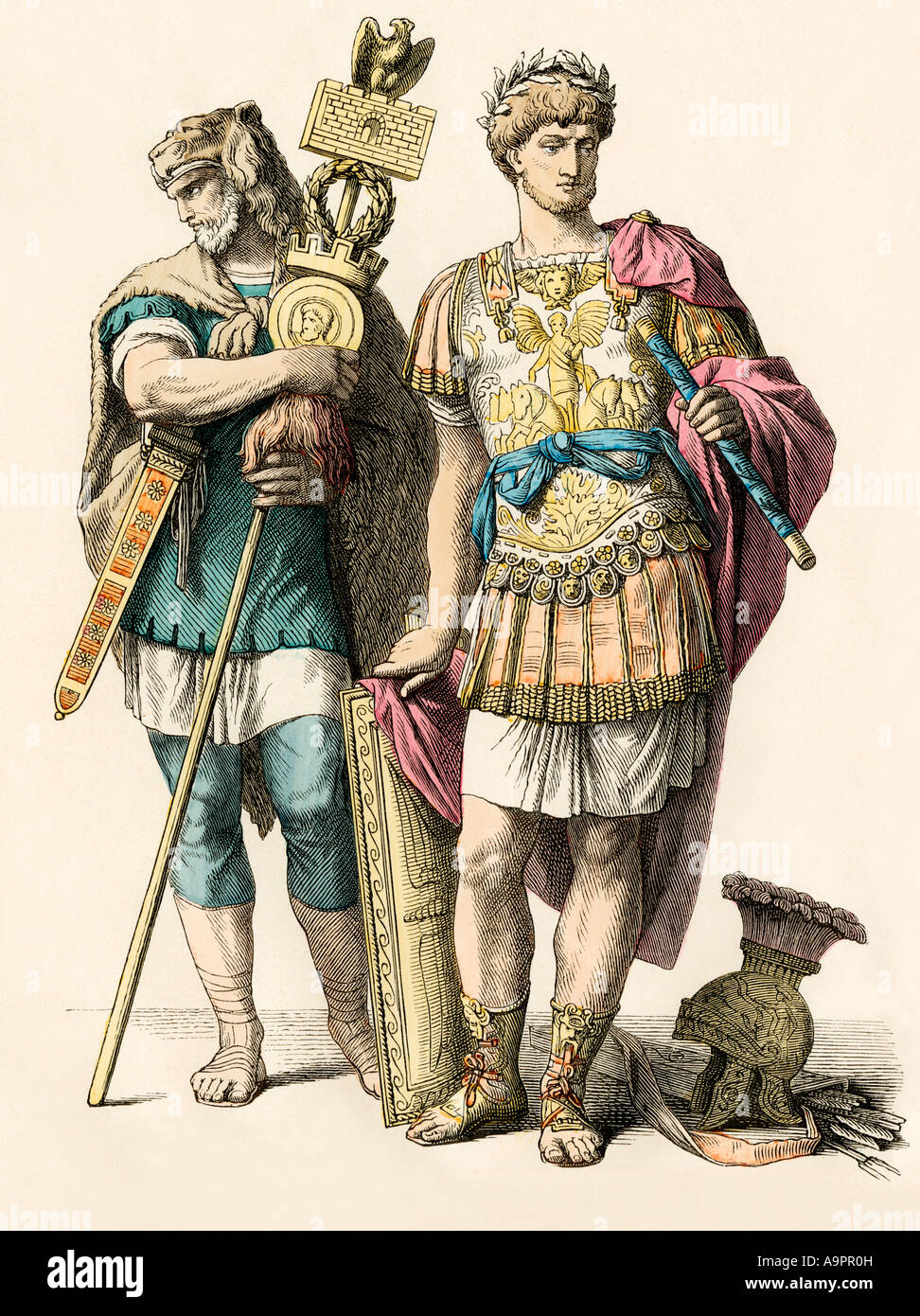 Général romain accompagné d'un guerrier. Impression couleur à la main Banque D'Images