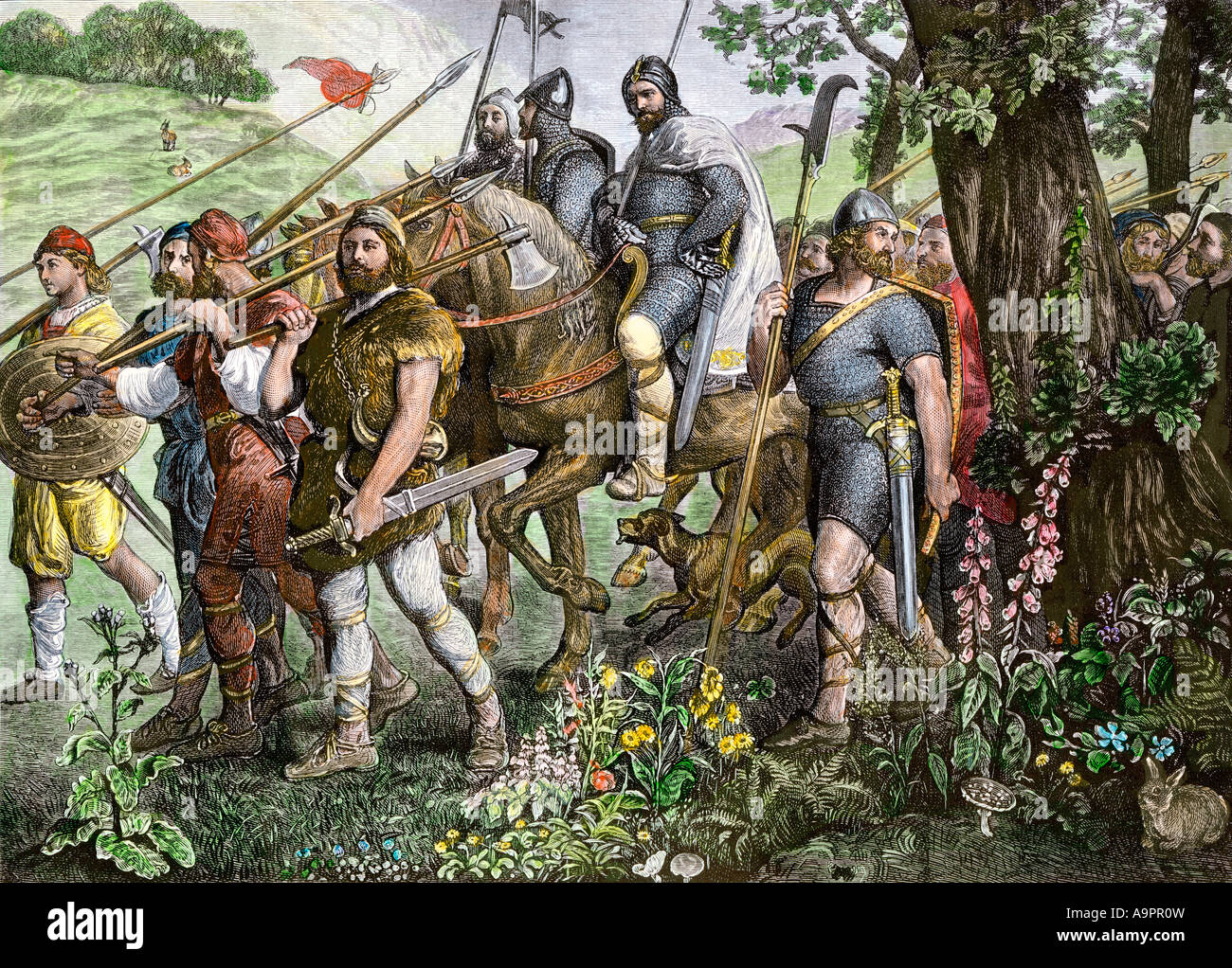 Les hommes de Kent marcher pour défendre l'Angleterre de l'invasion normande de 1066. À la main, gravure sur bois Banque D'Images