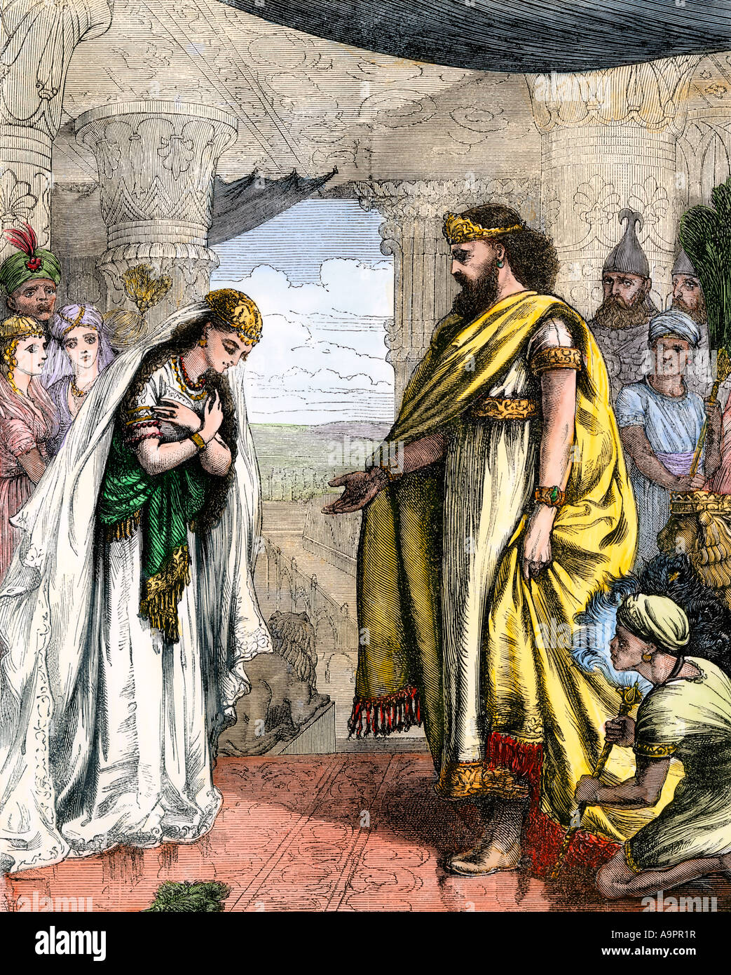 Message d'accueil de la reine de Saba au roi Salomon. À la main, gravure sur bois Banque D'Images