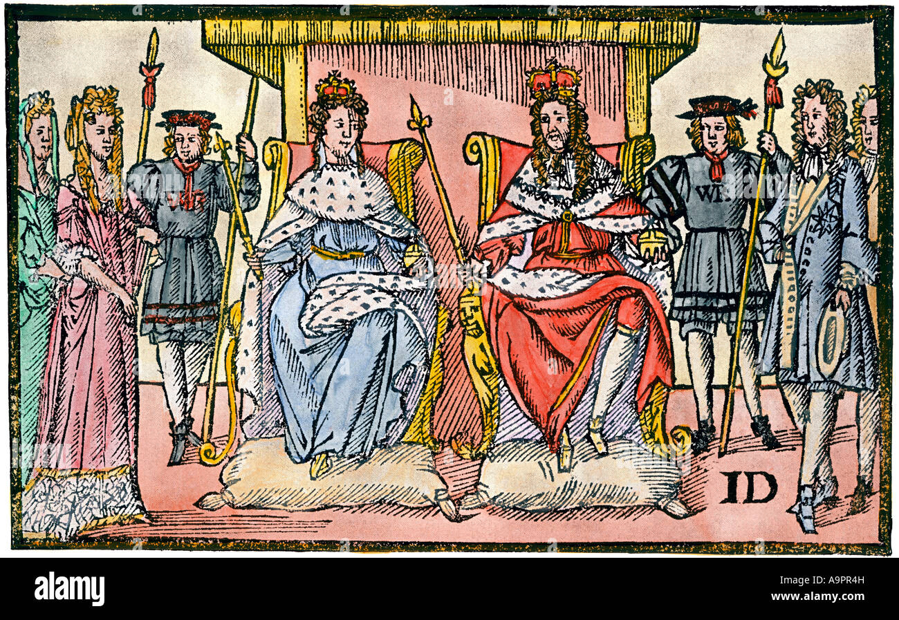 William et Mary les Protestants joie décision Angleterre après la glorieuse révolution 1688. Demi-teinte à la main, d'une illustration Banque D'Images