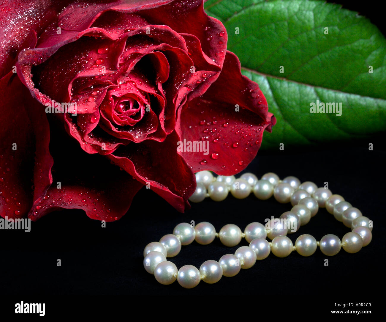 Rouge romantique rose et perles Banque D'Images