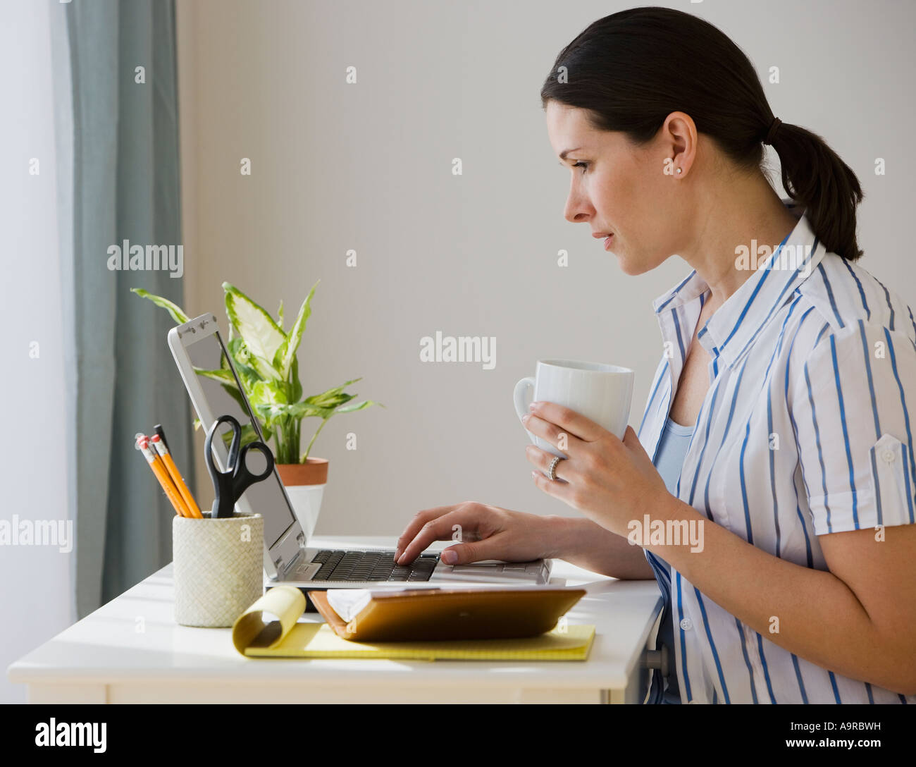 Woman typing on laptop Banque D'Images