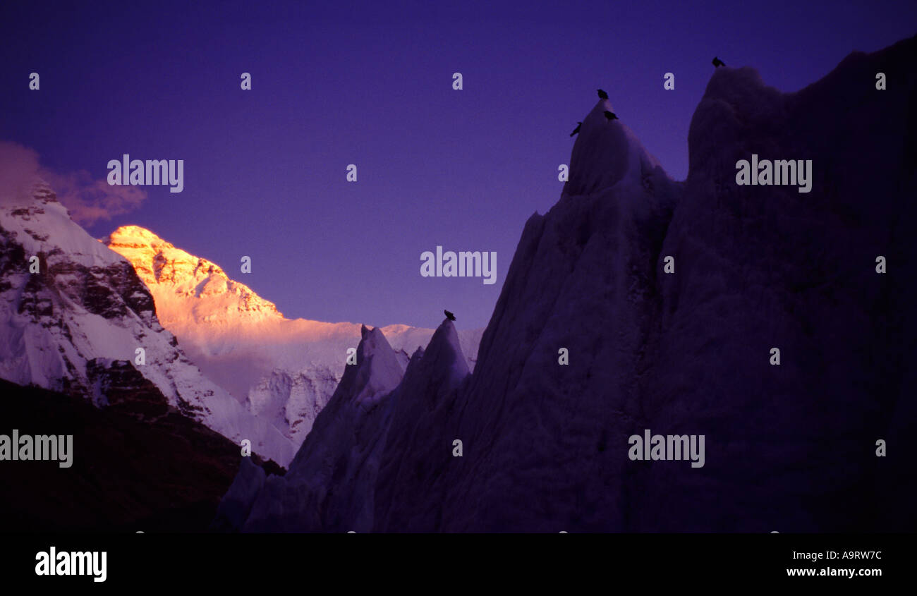 Hier soir, la lumière sur le mont Everest, 8848 m, au Tibet, en Chine. Septembre, 1994. Banque D'Images