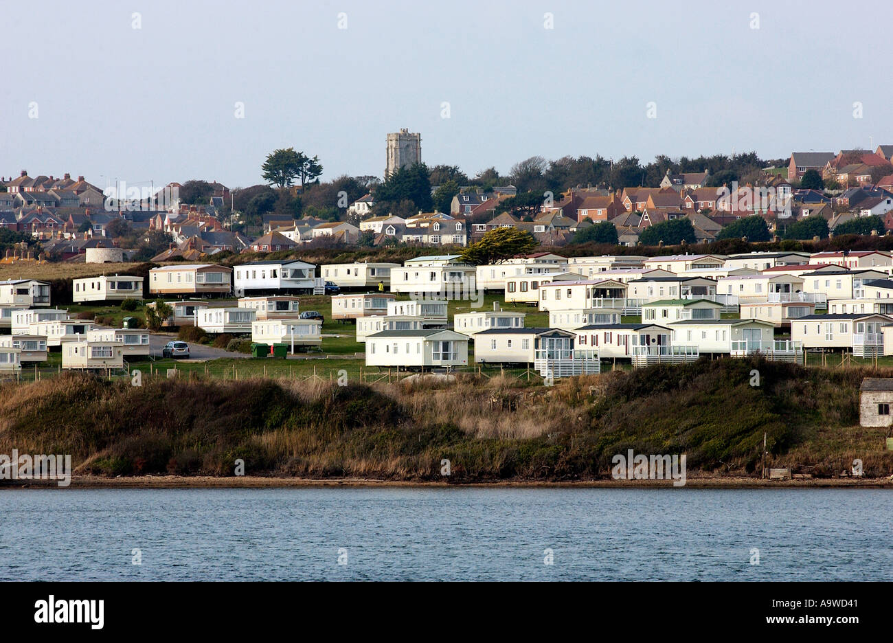 Une maison de vacances camping site par la flotte et plage de Chesil à Weymouth, dans le Dorset England UK Banque D'Images