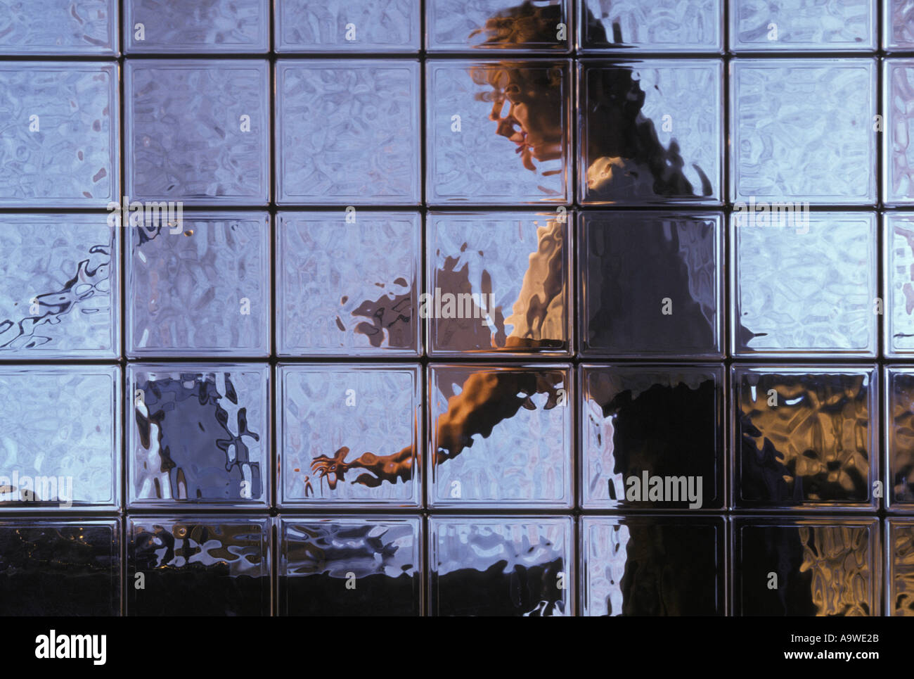 Comité permanent du conseil exécutif femelle penché au-dessus de l'ordinateur portable sur 24 derrière le verre mur bloc Banque D'Images