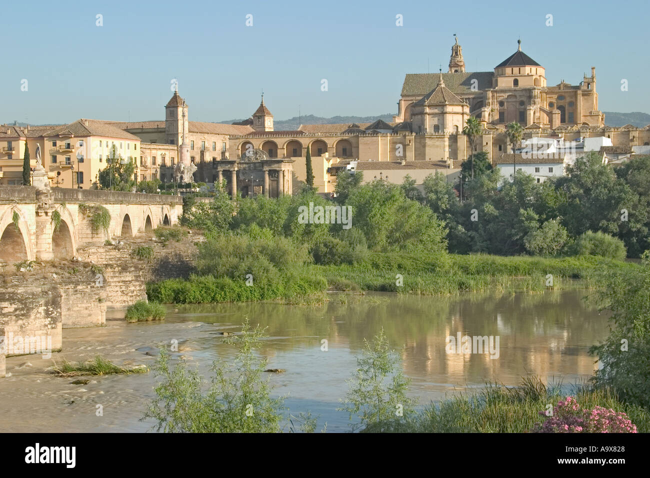 Espagne Cordoue La Mezquita La Grande Mosquée vu à travers la rivière Guadalquivir Banque D'Images