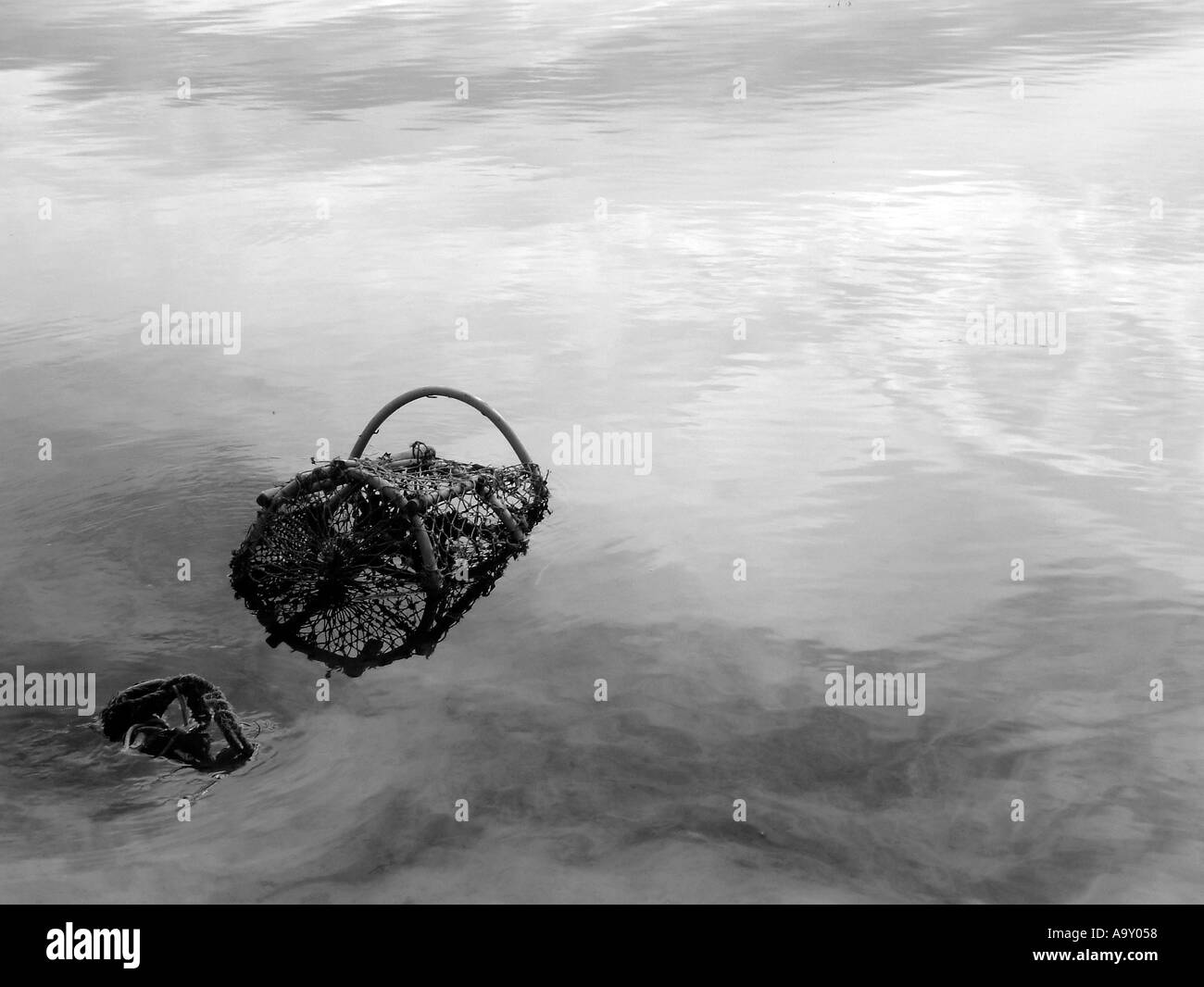 Un lobster pot flottant en mer de nuages reflètent dans l'eau encore Banque D'Images