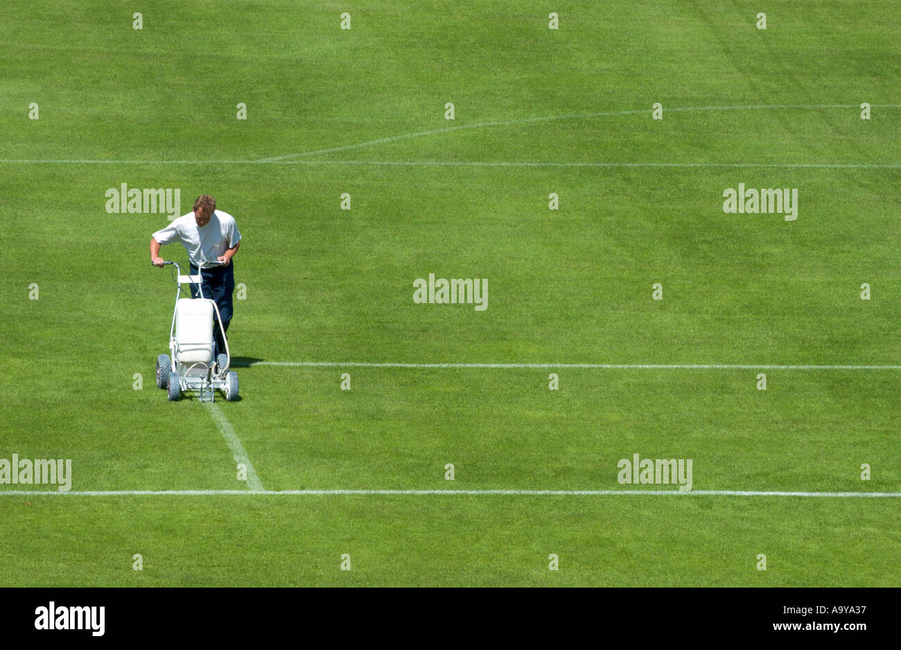 Les craies gardien les lignes de la zone de pénalisation d'un terrain de football Banque D'Images