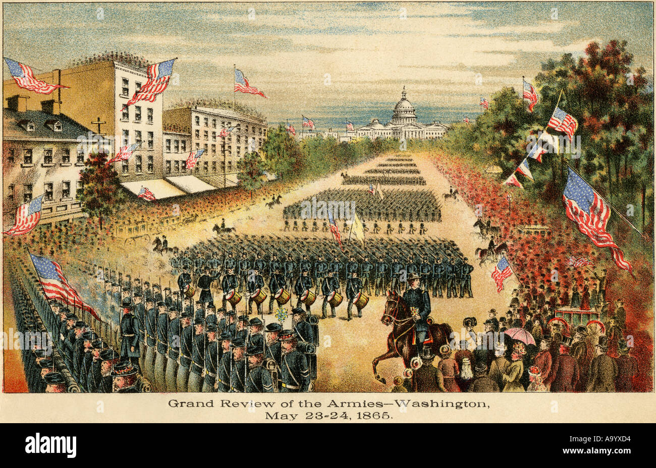 Grand Examen de l'armée à la fin de la guerre civile sur Pennsylvania Avenue à Washington DC Mai 1865. Lithographie couleur Banque D'Images
