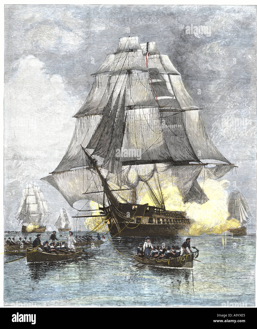 USS Constitution remorqué par chaloupes encalminé loin de la flotte britannique pendant la guerre de 1812. À la main, gravure sur bois Banque D'Images