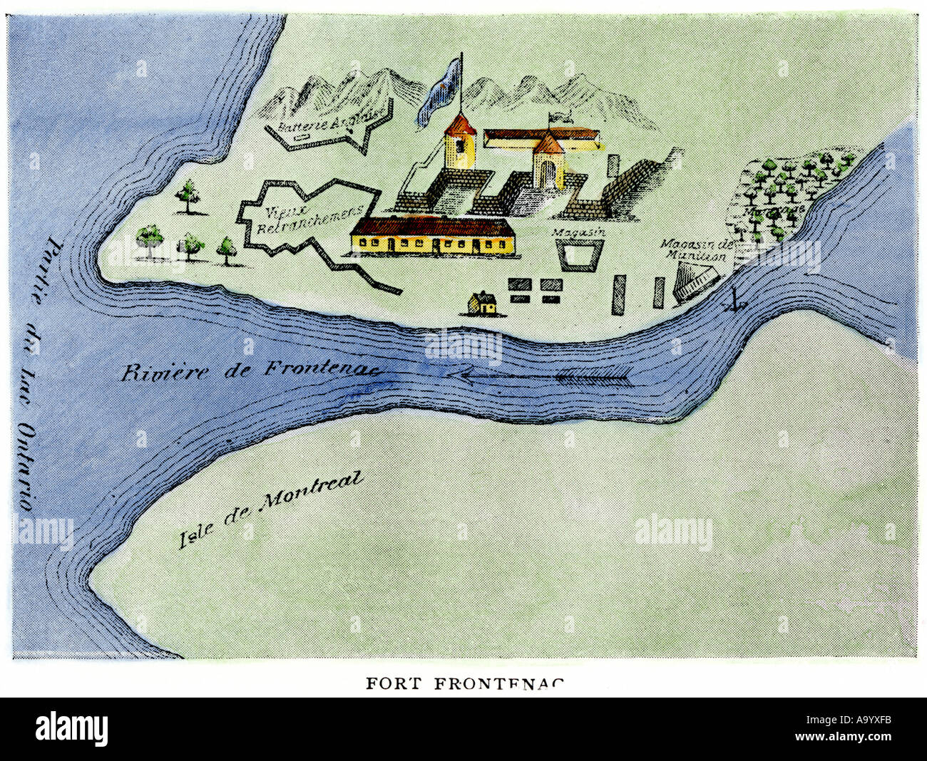 Le Fort Frontenac, sur le lac Ontario Années 1600 à la tête du fleuve Saint-Laurent, aujourd'hui Kingston (Ontario). Demi-teinte de couleur à la main Banque D'Images