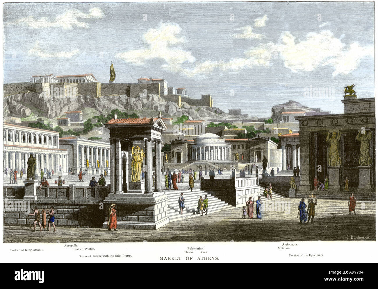 Agora ou zone du marché de l'Athènes antique au pied de l'Acropole. À la main, gravure sur bois Banque D'Images