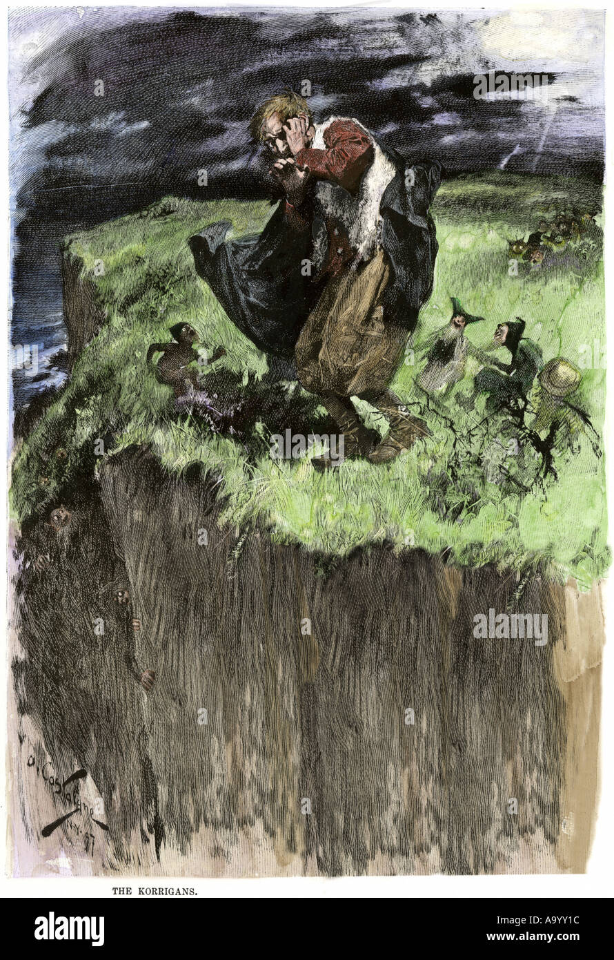 Clurichauns du folklore irlandais à la tête d'un voyageur ivre égaré. À la main, gravure sur bois Banque D'Images