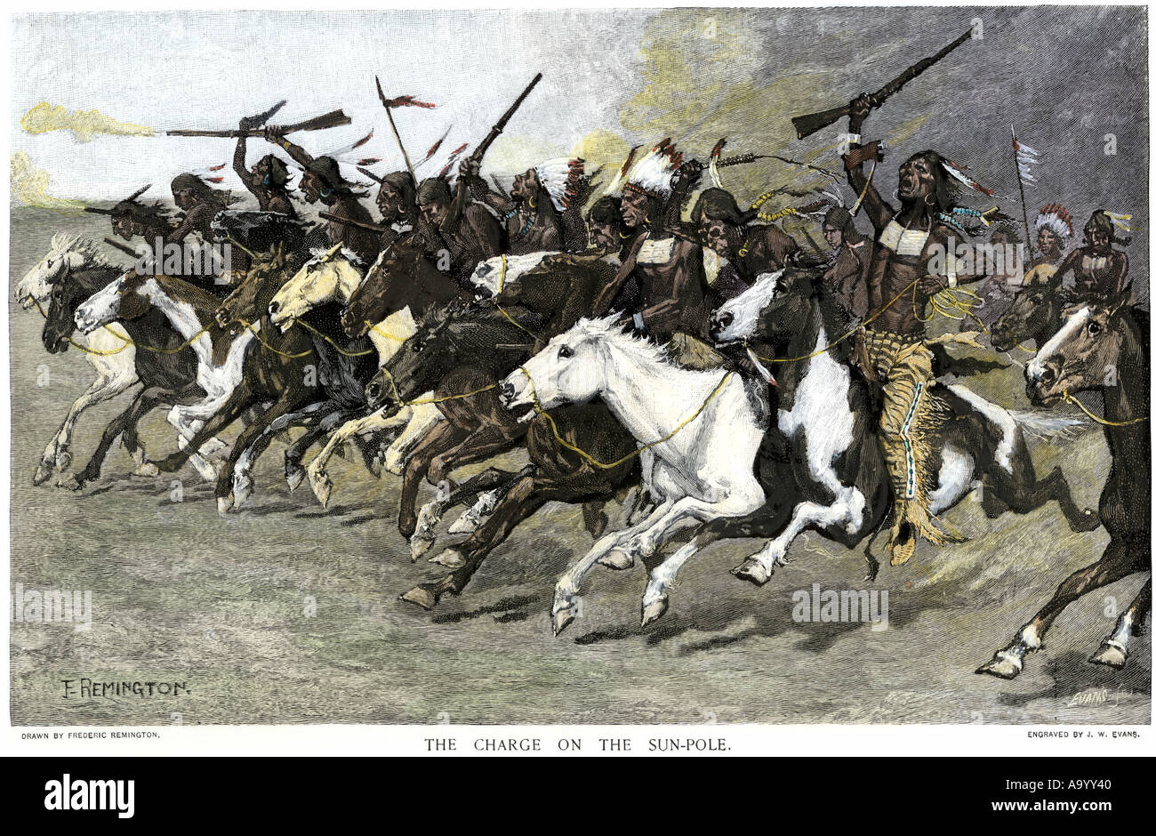La charge des guerriers sioux pôle sun sur l'années 1800. À la main, gravure sur bois, d'une illustration Frederic Remington Banque D'Images