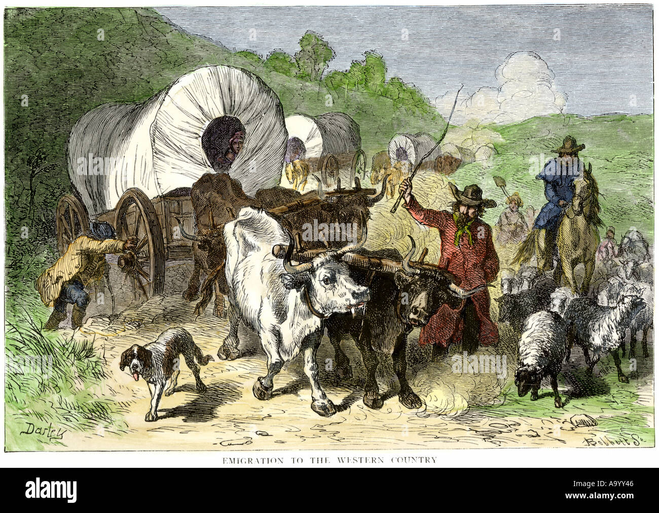 Convoi de pionniers de l'ouest en 1800. À la main, gravure sur bois Banque D'Images