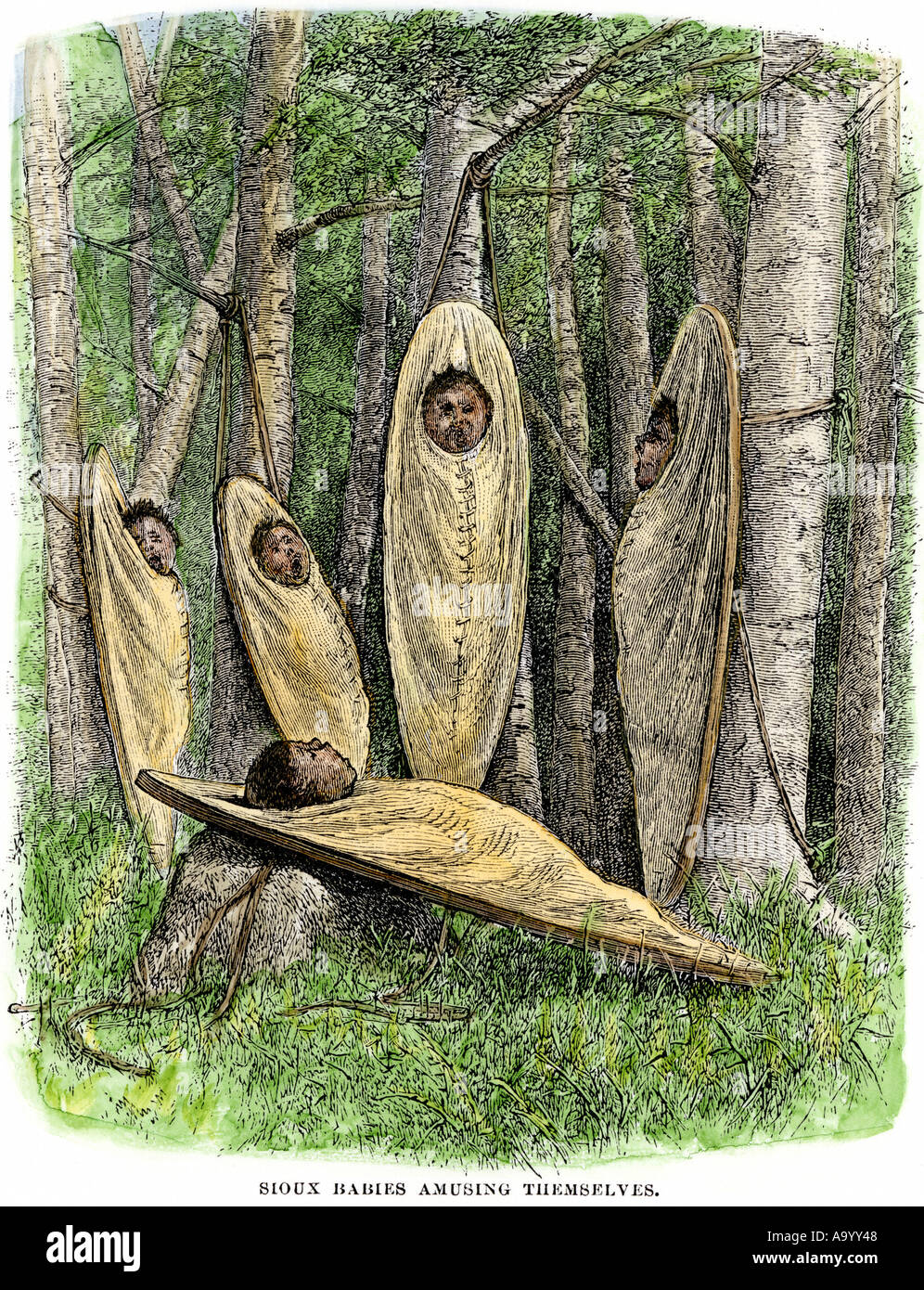 Groupe de bébés Sioux dans cradleboards s'amuser. À la main, gravure sur bois Banque D'Images