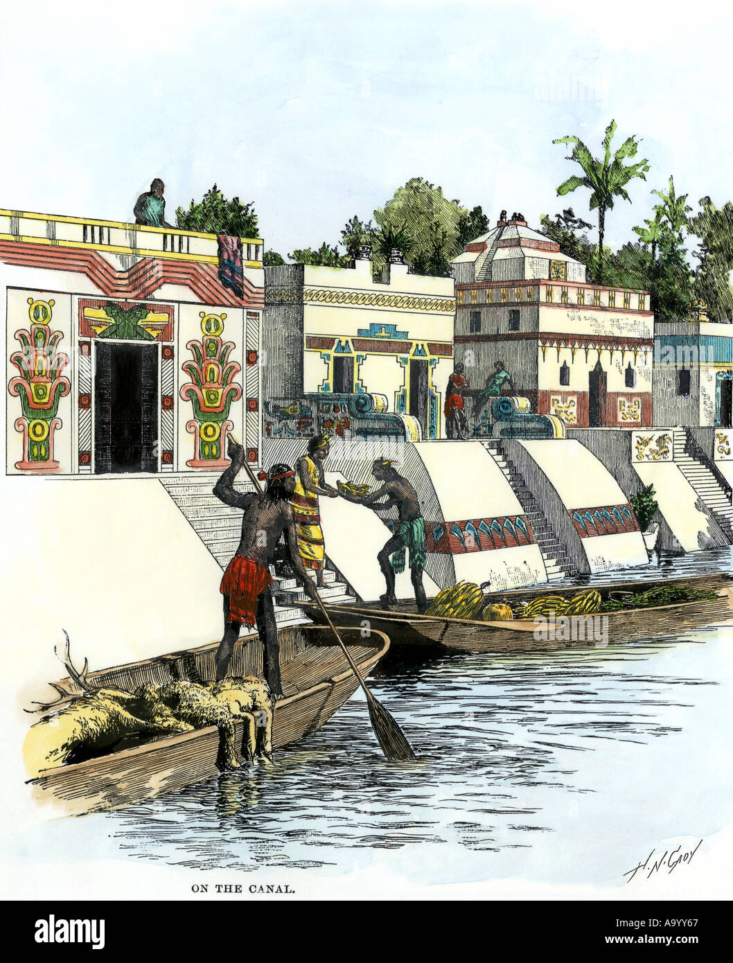 Marchands aztèques sur le canal à Tenochtitlan avant la conquête espagnole. À la main, gravure sur bois Banque D'Images