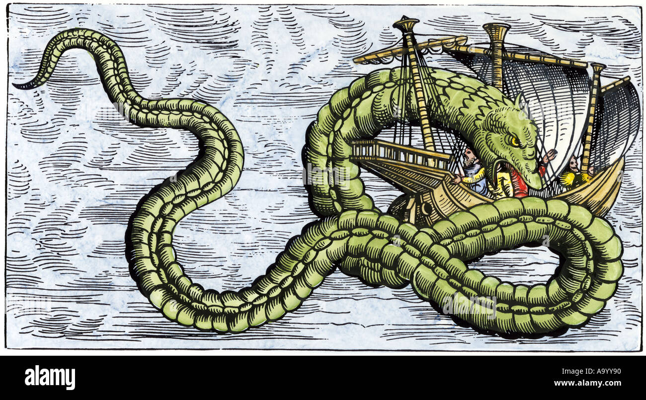 Navire attaqué par un serpent de mer dans la mer des ténèbres, de Olaus Magnus 1555. À la main, gravure sur bois Banque D'Images