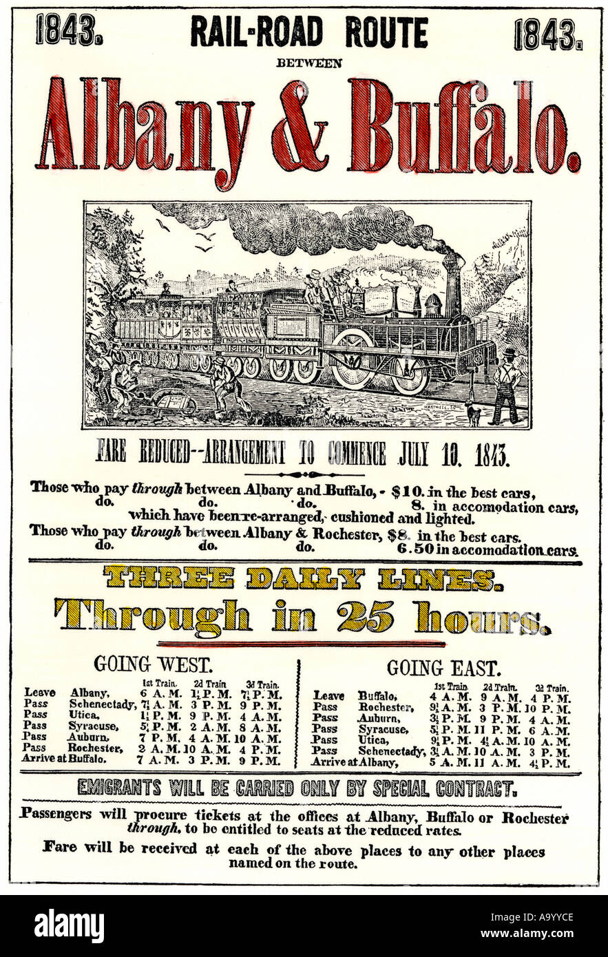 À Buffalo Albany railroad calendrier 1843 montrant les tarifs et les itinéraires. À la main, gravure sur bois Banque D'Images