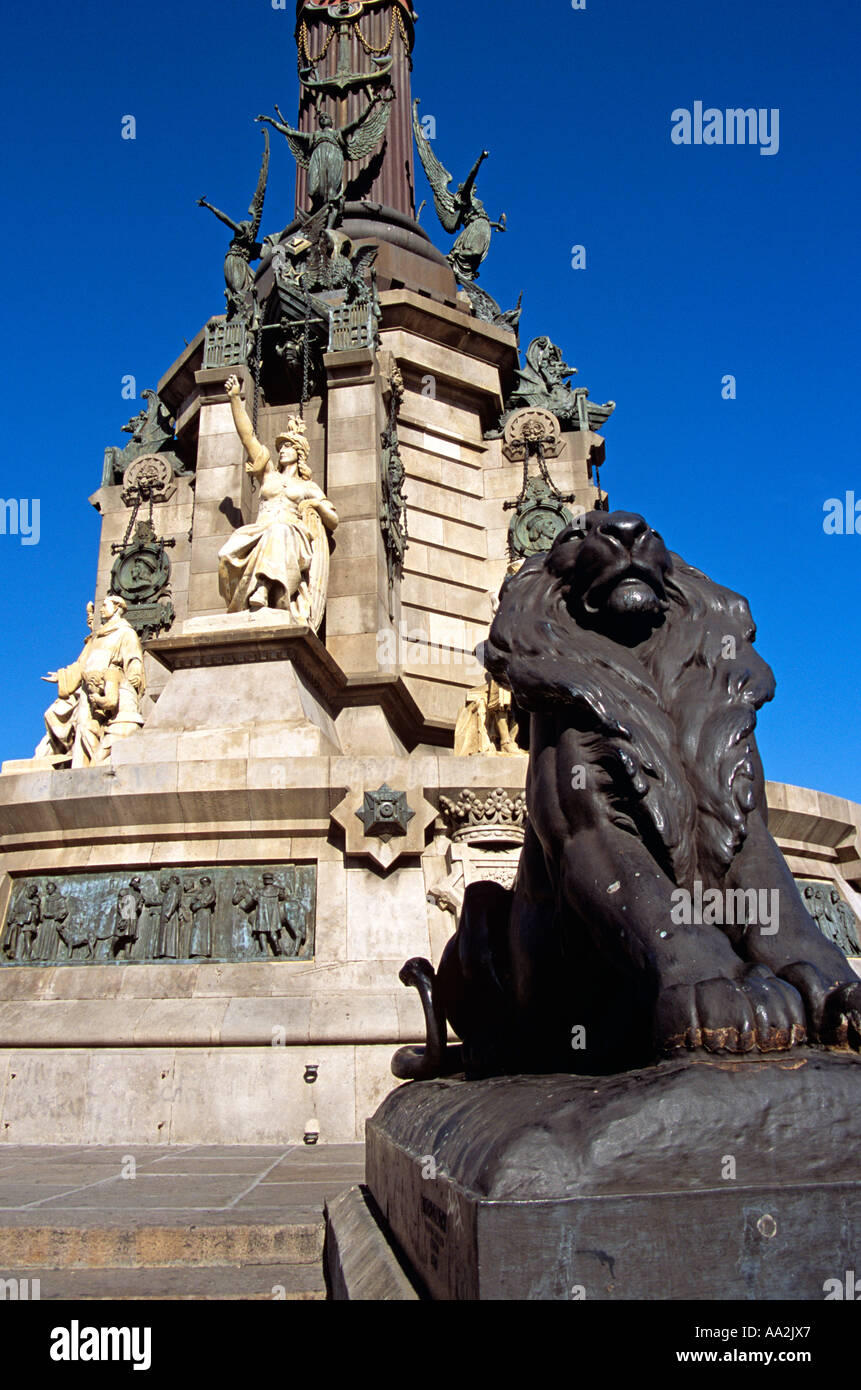 Monument a Colom, monument de Christophe Colomb, lion statue et détail, la Rambla, Barcelone, Espagne Banque D'Images