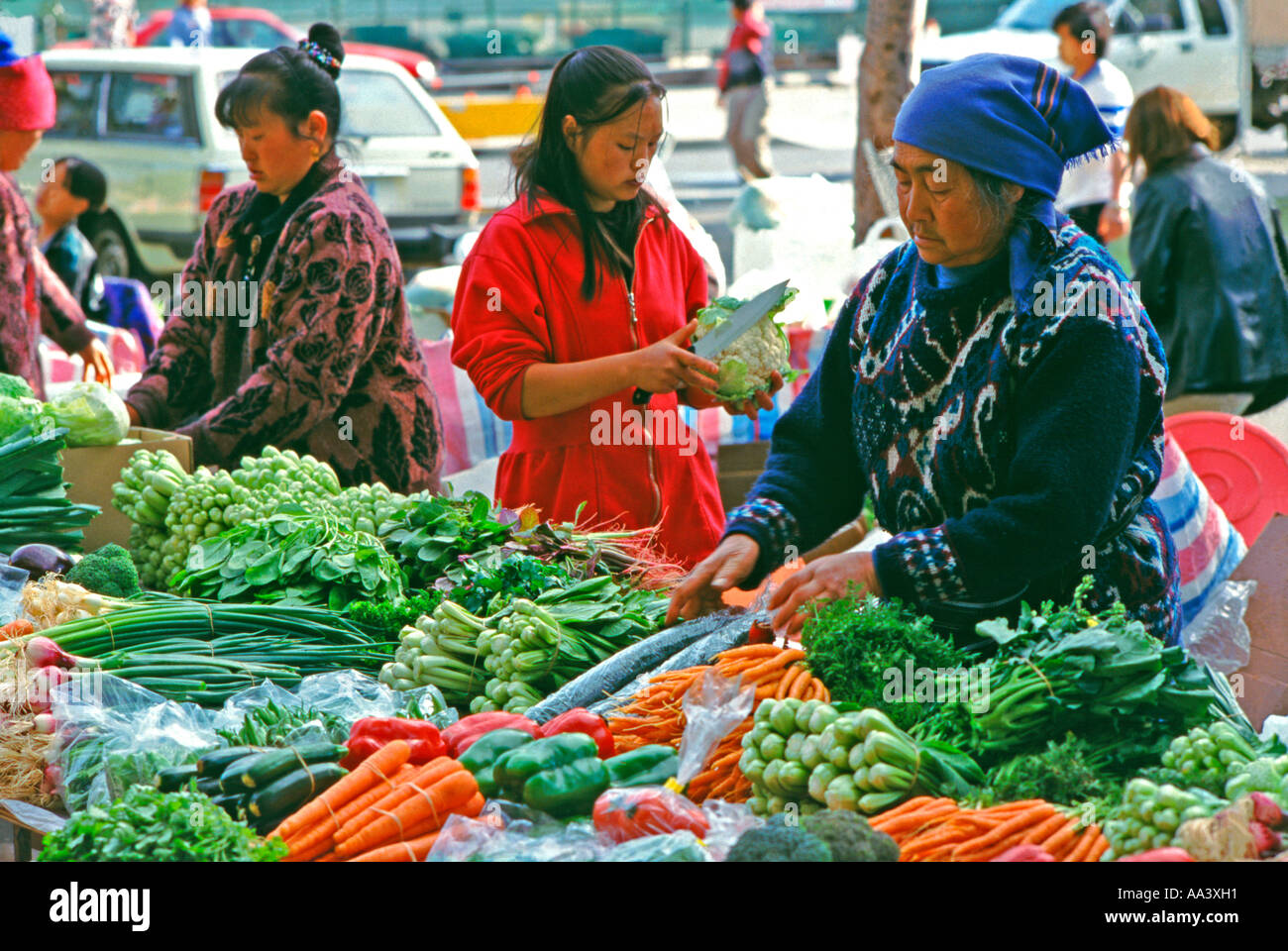 Les maraîchers laotiens hmong présentant leurs produits au marché Salamanca Hobart en Tasmanie, Australie Banque D'Images