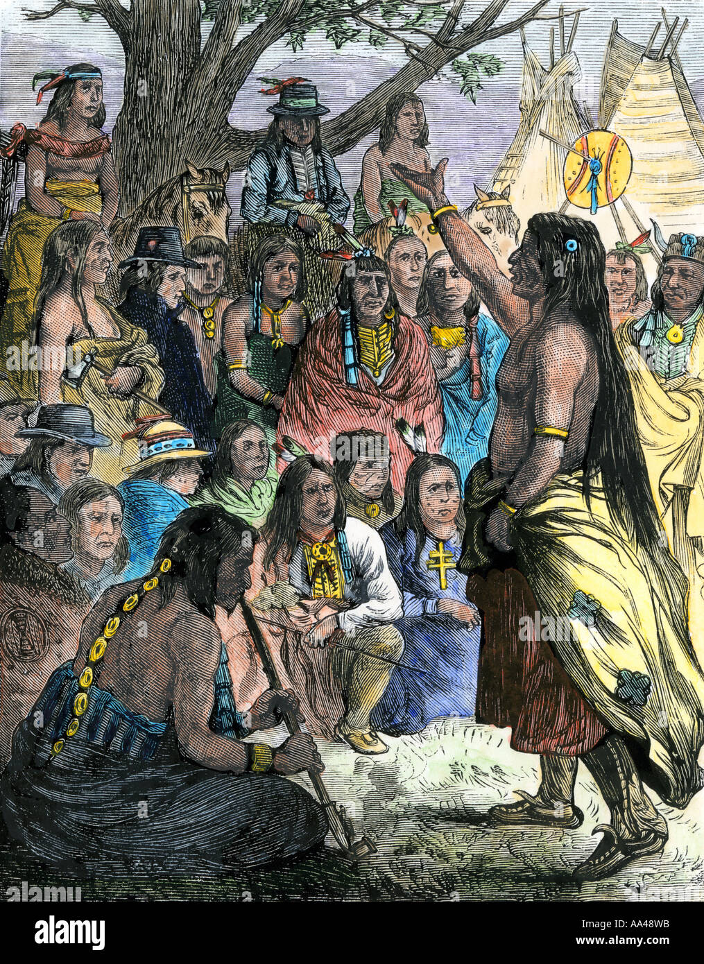 Comanche et tribus Arapaho tenant un conseil de guerre sur l'empiétement blanc sur leur terre des années 1800. À la main, gravure sur bois Banque D'Images