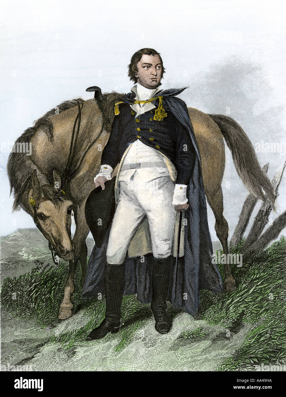 Le général américain Nathanael Greene à côté de son cheval. À la main, gravure sur acier Banque D'Images