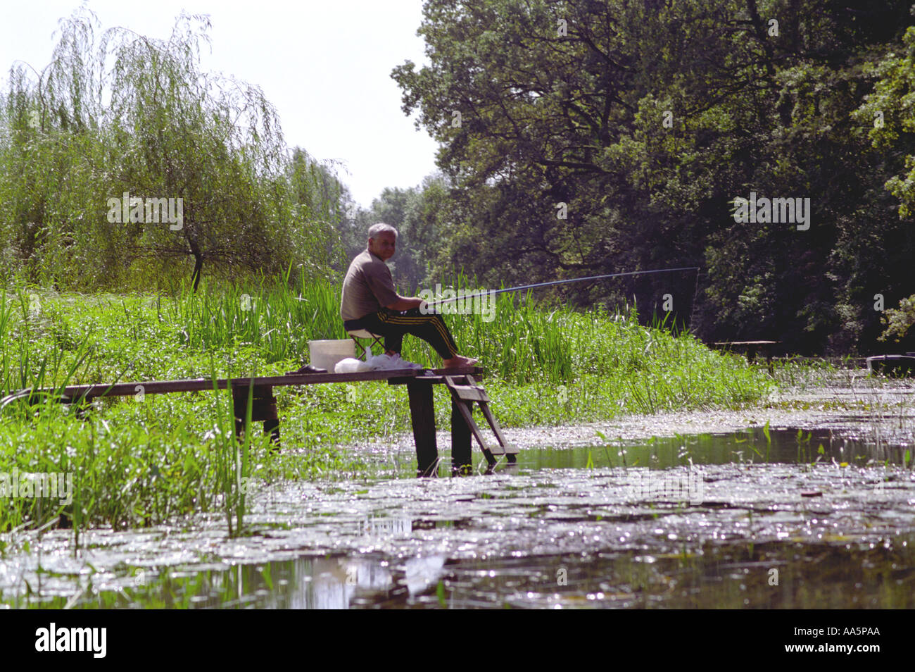 Le pêcheur est la pêche sur la rivière Odra Banque D'Images