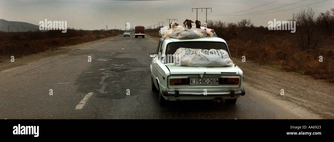 L'Azerbaïdjan Bakou le 11 janvier 2003 les villageois prennent leurs oies pour une promenade en haut de leur voiture à l'extérieur de Bakou le 11 janvier 2003 Banque D'Images