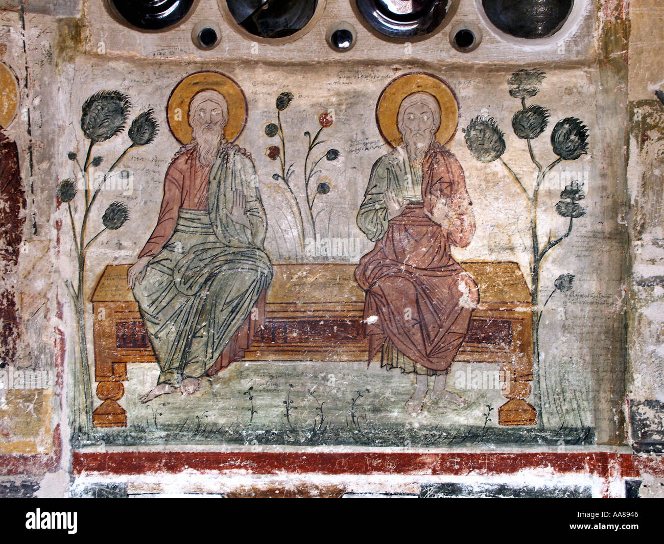 Monastère météorologiques Megalo fresco/peinture de deux saints Kalabaka Météores Grèce Banque D'Images