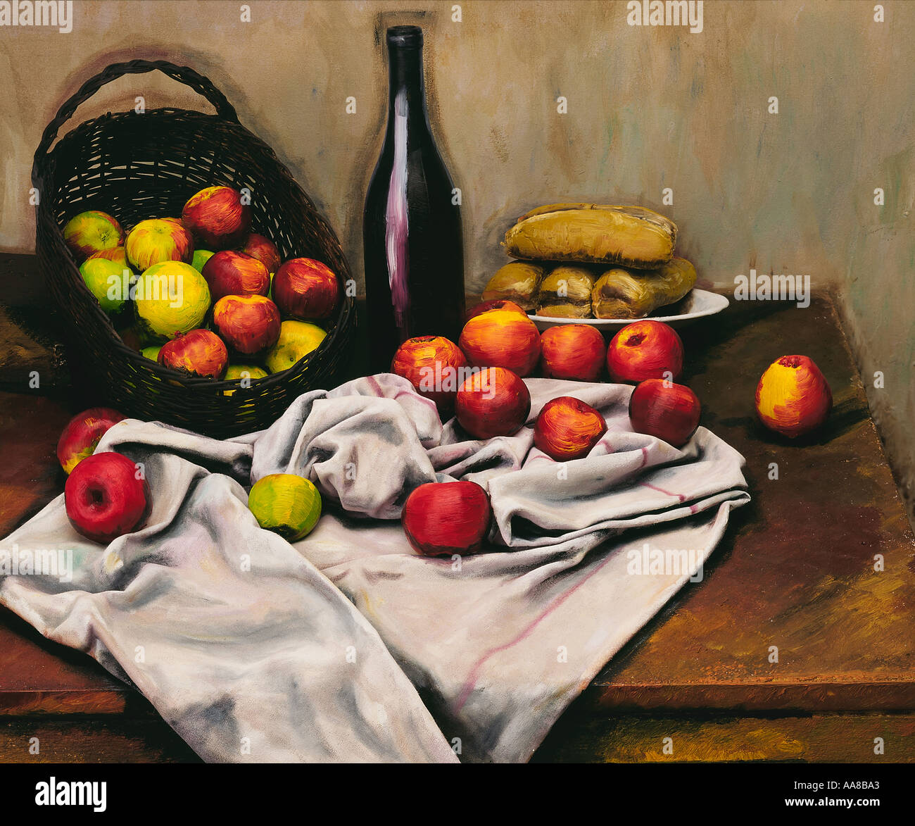 HAND PAINTED STILL LIFE PHOTOGRAPHIE AVEC LES POMMES PAIN ET VIN DANS LE STYLE DE CÉZANNE Banque D'Images