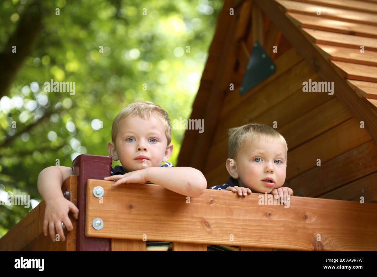 Deux jeunes frères dans une maison d'arbre Banque D'Images