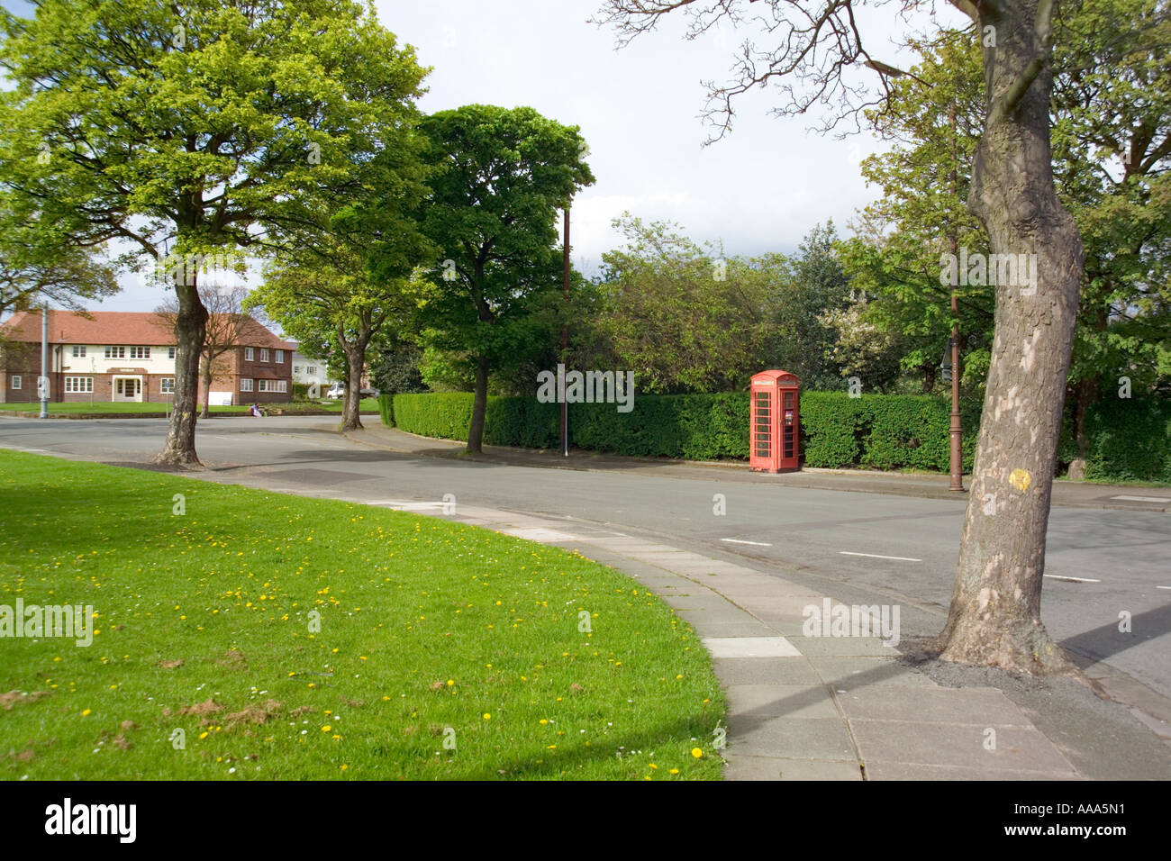 L'herbe d'un parc Arbre et K2 téléphone rouge fort à Port Sunlight,Wirral,Cheshire,UK,GO, Banque D'Images