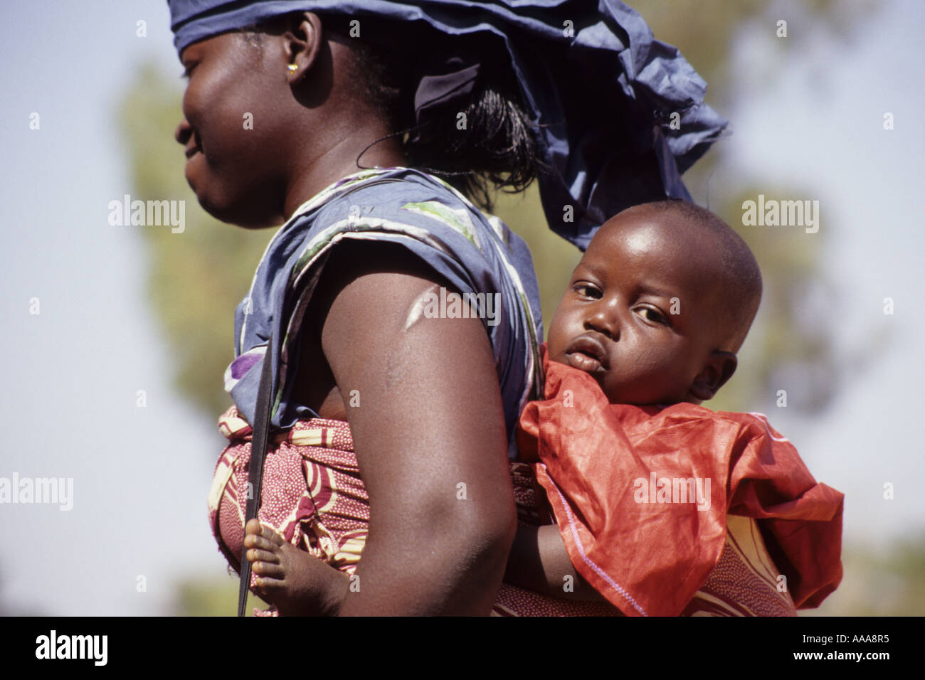 Niamey, Niger, Afrique de l'Ouest. Mère nigérienne exerçant son bébé au dos Banque D'Images