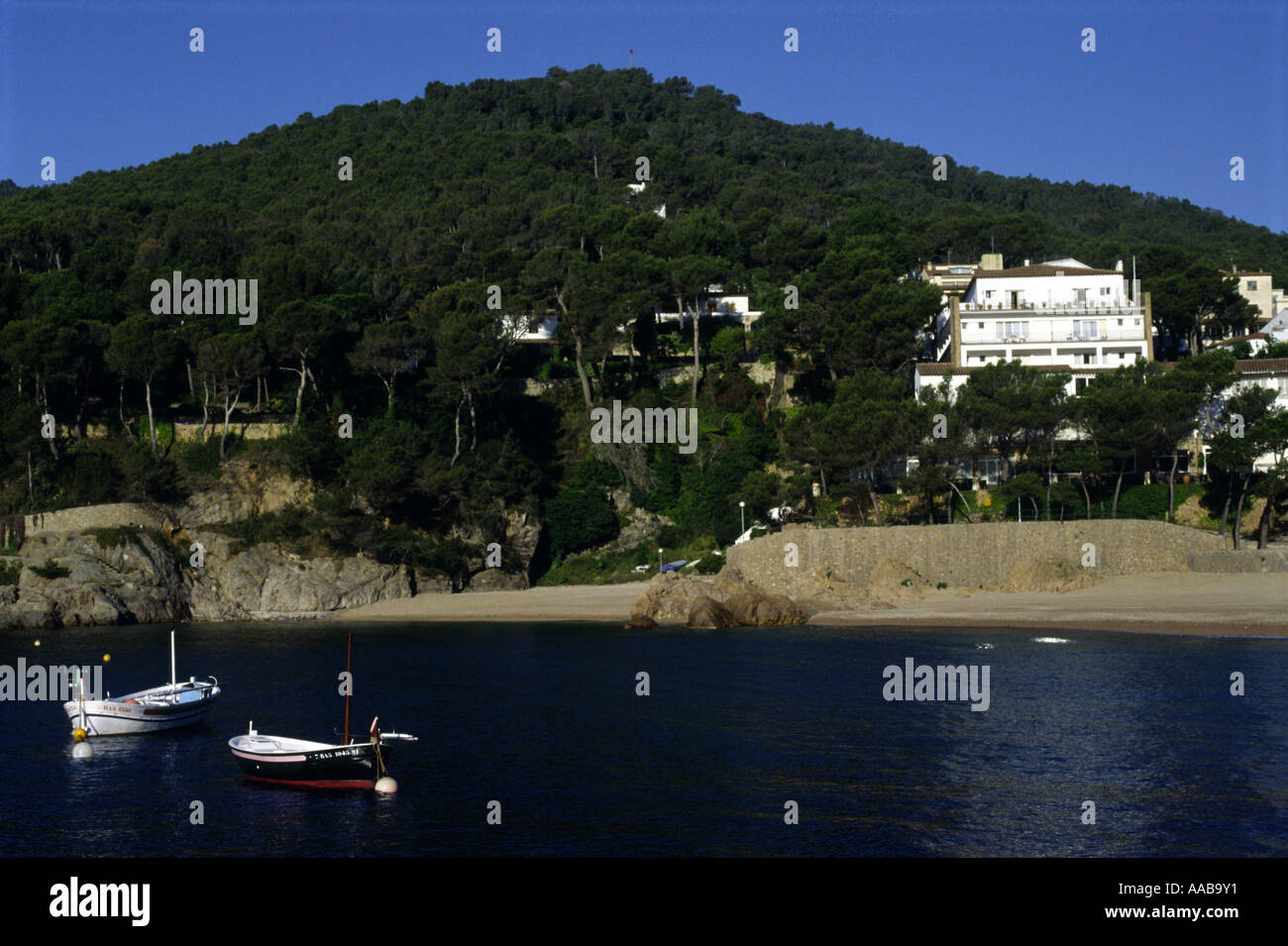 Vue générale des collines autour de la plage de Tamariu, Costa Brava Espagne Banque D'Images